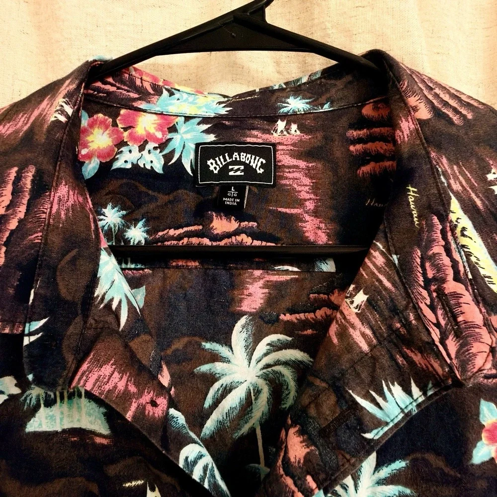 Men's Billabong Hawaiian Tiki 100% Cotton Short-Sleeve Button Shirt L– Excellent